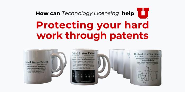 Graphic including story title and image of mugs featuring the patents of U inventors