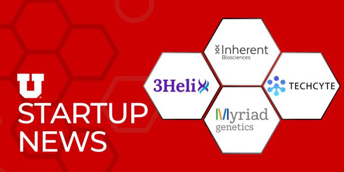 Red decorative startup news graphic with logos of companies featured in story